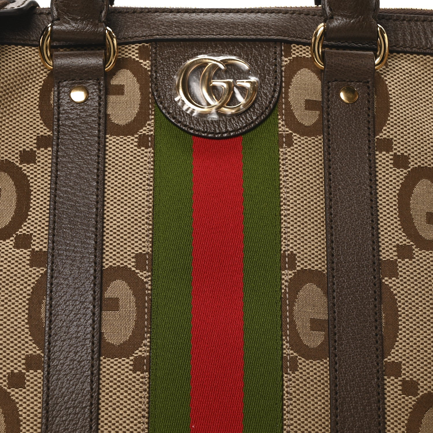 Gucci Monogram Jumbo GG Textured Dollar Calfskin Web Medium Duffle Bag Camel Ebony 8 of 10