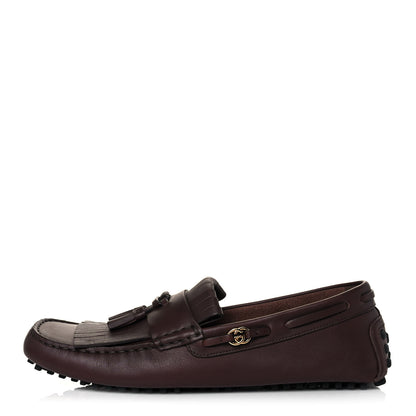 Gucci Calfskin Fringe Interlocking G Mens Driver Loafers 10 Brown 1 of 8