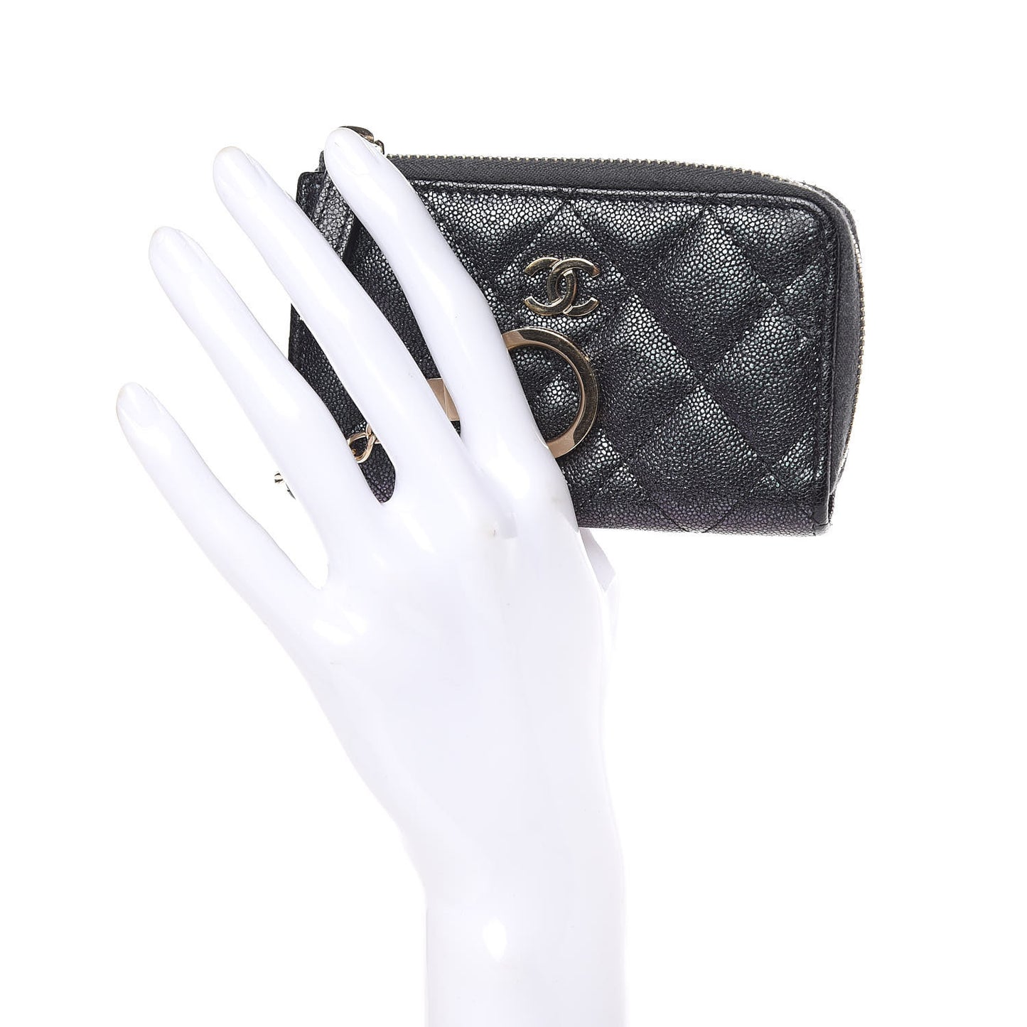 Iridescent Caviar Quilted Zipped Key Holder Case Black