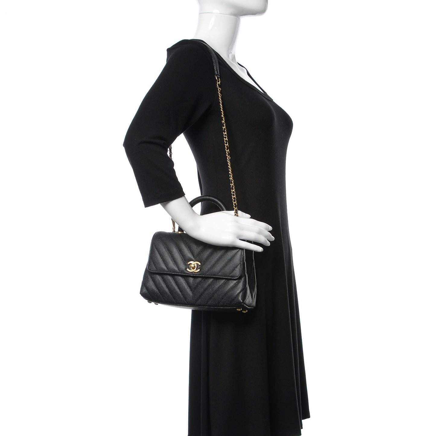 Caviar Chevron Quilted Mini Coco Handle Flap Black