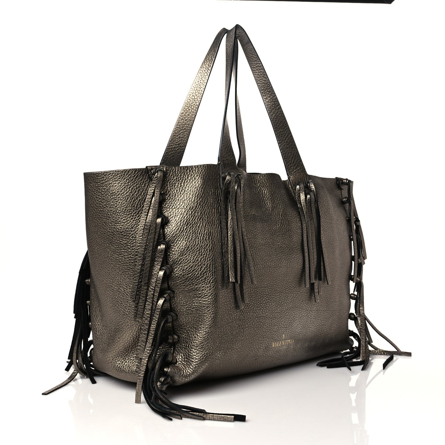 Metallic Grained Calfskin C-Rockee Fringe Tote Sasso