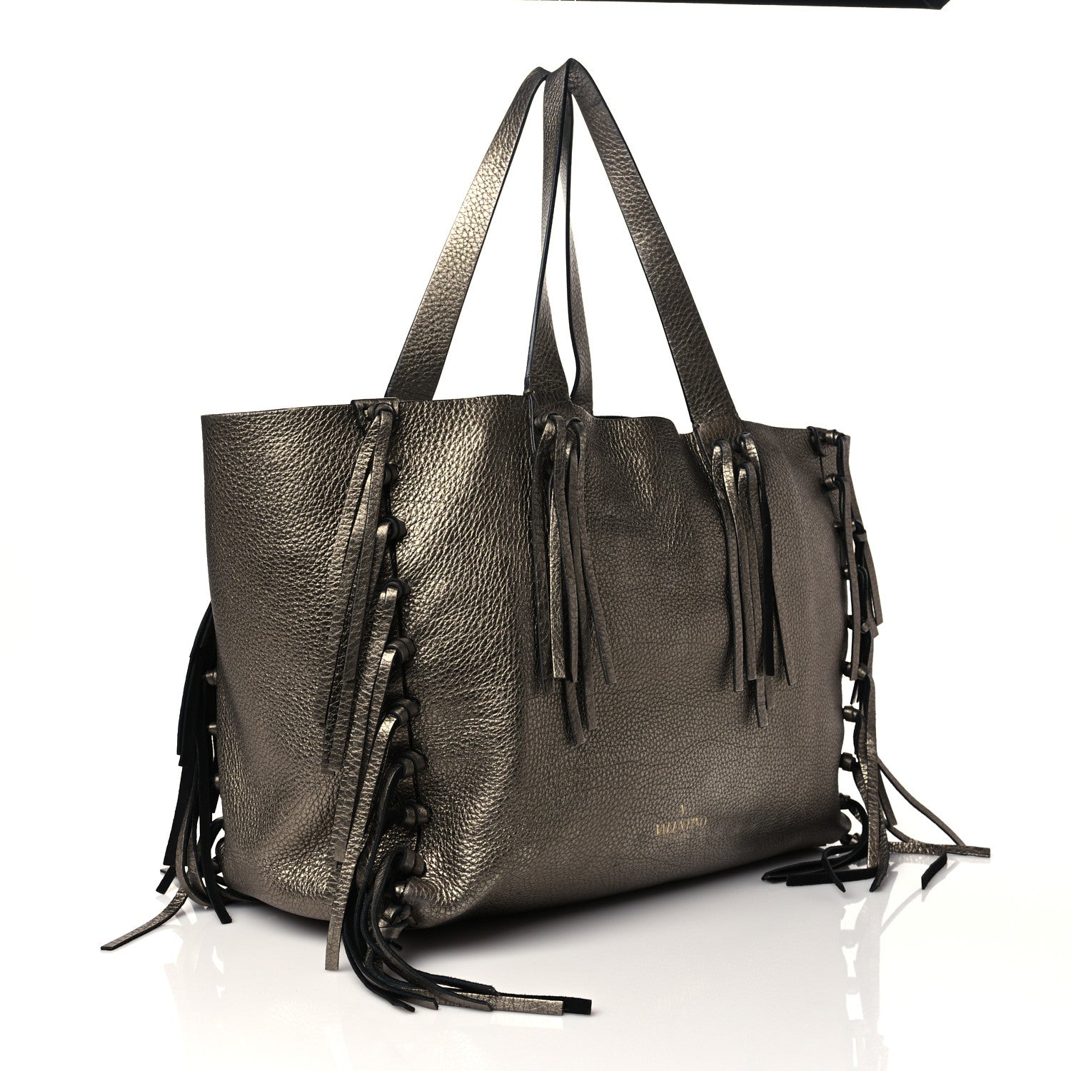 Valentino Garavani Metallic Grained Calfskin C-Rockee Fringe Tote Sasso 3 of 9