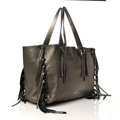 Valentino Garavani Metallic Grained Calfskin C-Rockee Fringe Tote Sasso 3 of 9