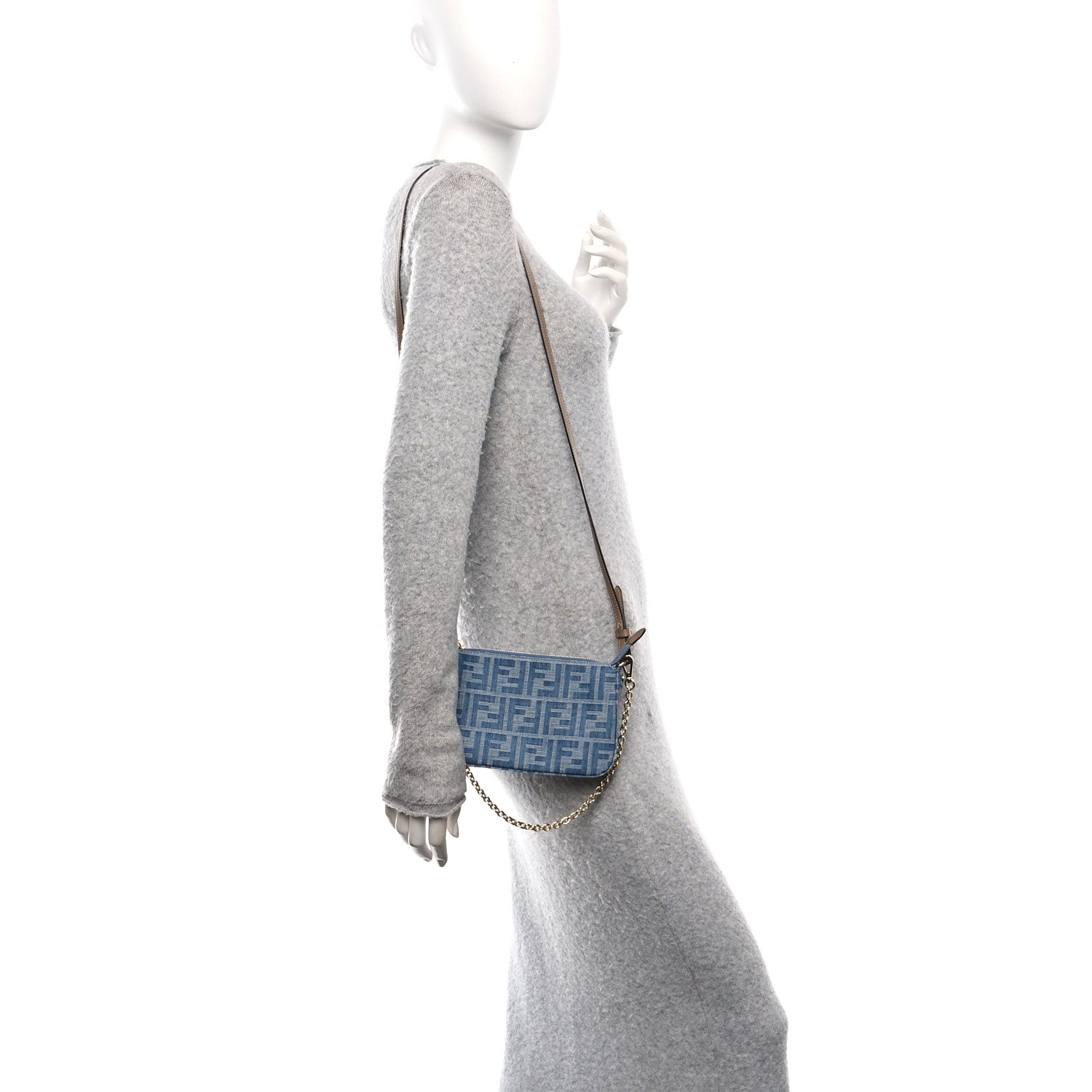 Fendi Denim Vitello King F is Fendi FF Embroidered Baguette Pouch Denim Sand 2 of 11