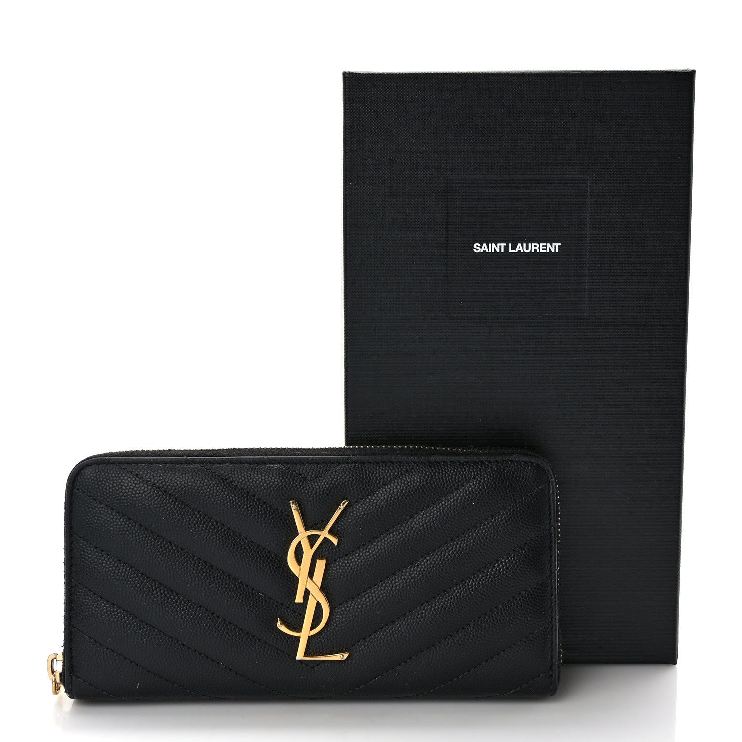 Saint Laurent Grain De Poudre Matelasse Chevron Monogram Zip Around Wallet Black 10 of 10
