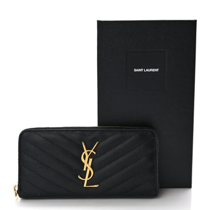 Saint Laurent Grain De Poudre Matelasse Chevron Monogram Zip Around Wallet Black 10 of 10