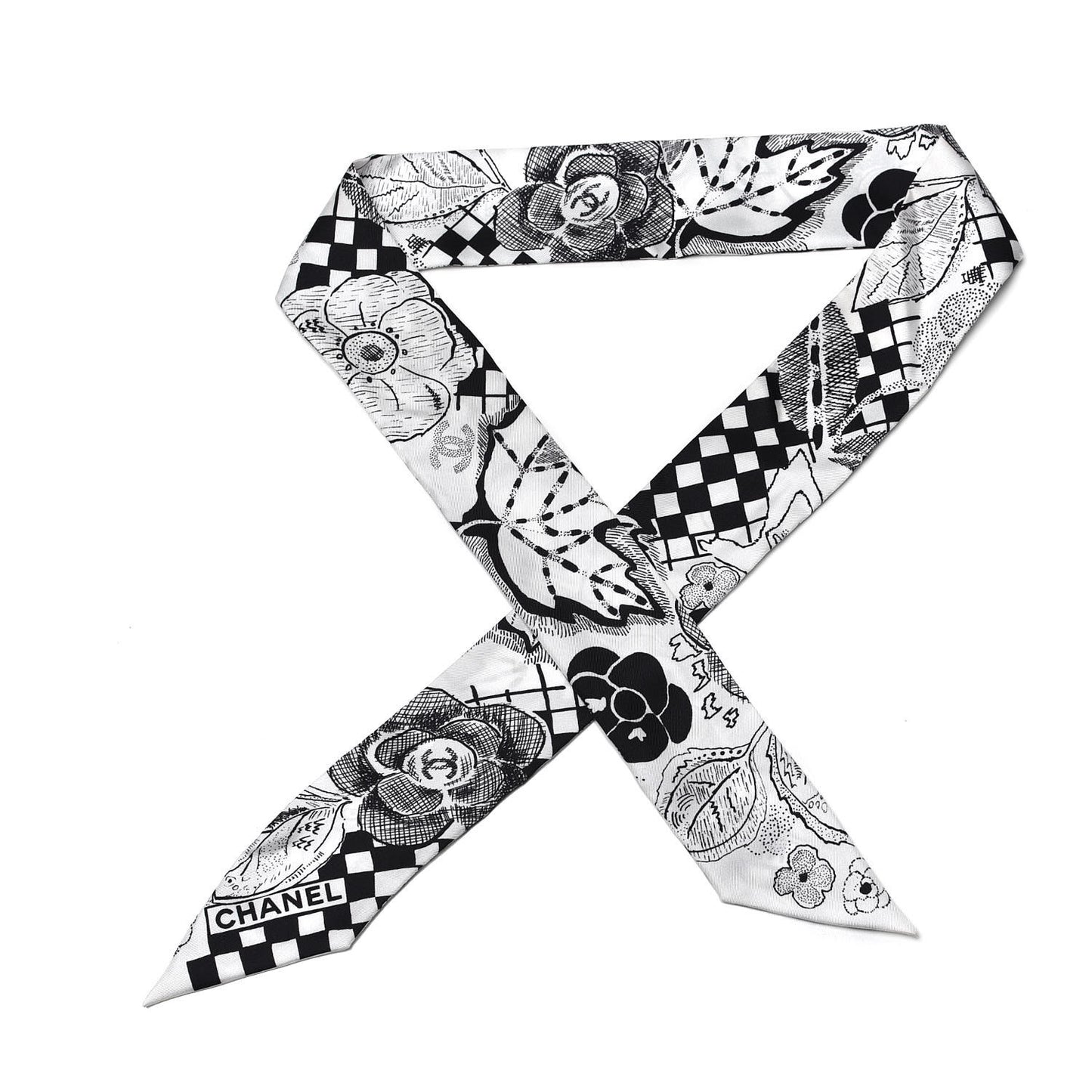 Silk CC Camellia Scarf Black White