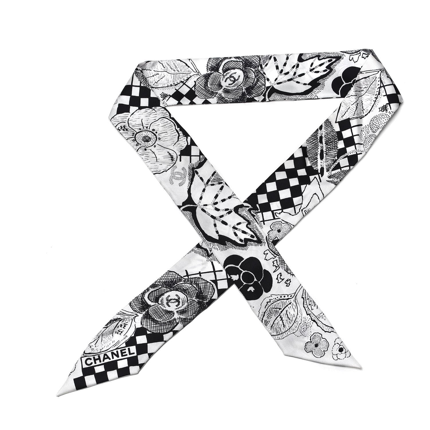 Chanel Silk CC Camellia Scarf Black White 1 of 4