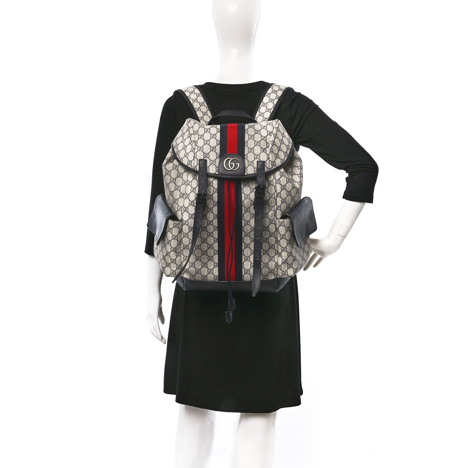Gucci GG Supreme Monogram Medium Ophidia Double Buckle Backpack Beige Blue Black 2 of 14