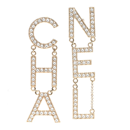 Chanel Crystal Cha-Nel Logo Drop Earrings Gold 1 of 5