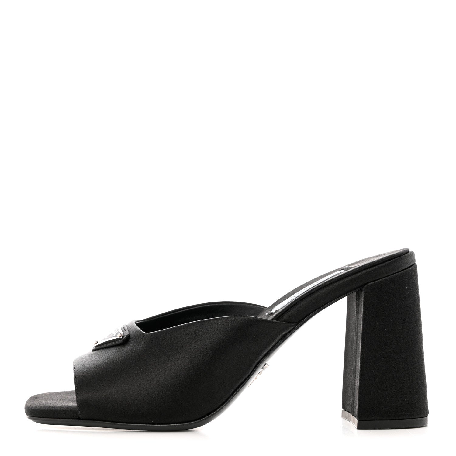 Prada Satin Metal Triangle Logo 85mm Slide Sandals 37 Black 1 of 8