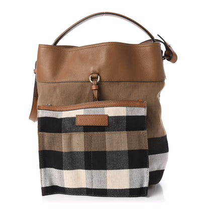 Burberry Grainy Calfskin Canvas Mega Check Medium Ashby Tassel Hobo Saddle Brown 3 of 14