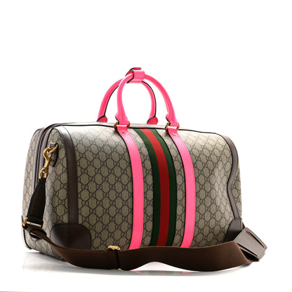 Gucci GG Supreme Monogram Textured Dollar Calfskin Web Medium Savoy Duffle Bag Beige Ebony Fluorescent Fuchsia 2 of 9
