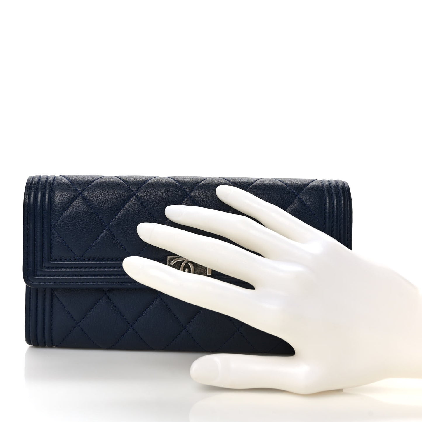 Calfskin Quilted Large Boy Gusset Flap Wallet Navy Blue