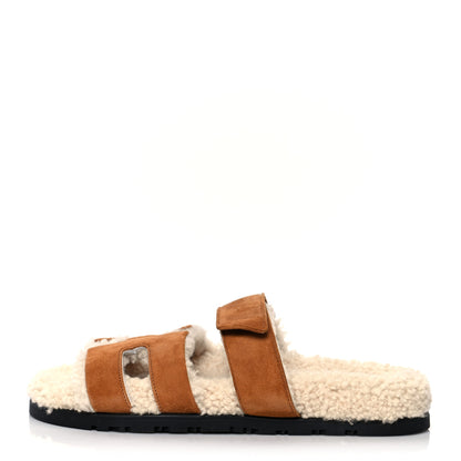 Hermes Suede Goatskin Woolskin Womens Chypre Sandals 36 Brun Fume Ecru 1 of 8
