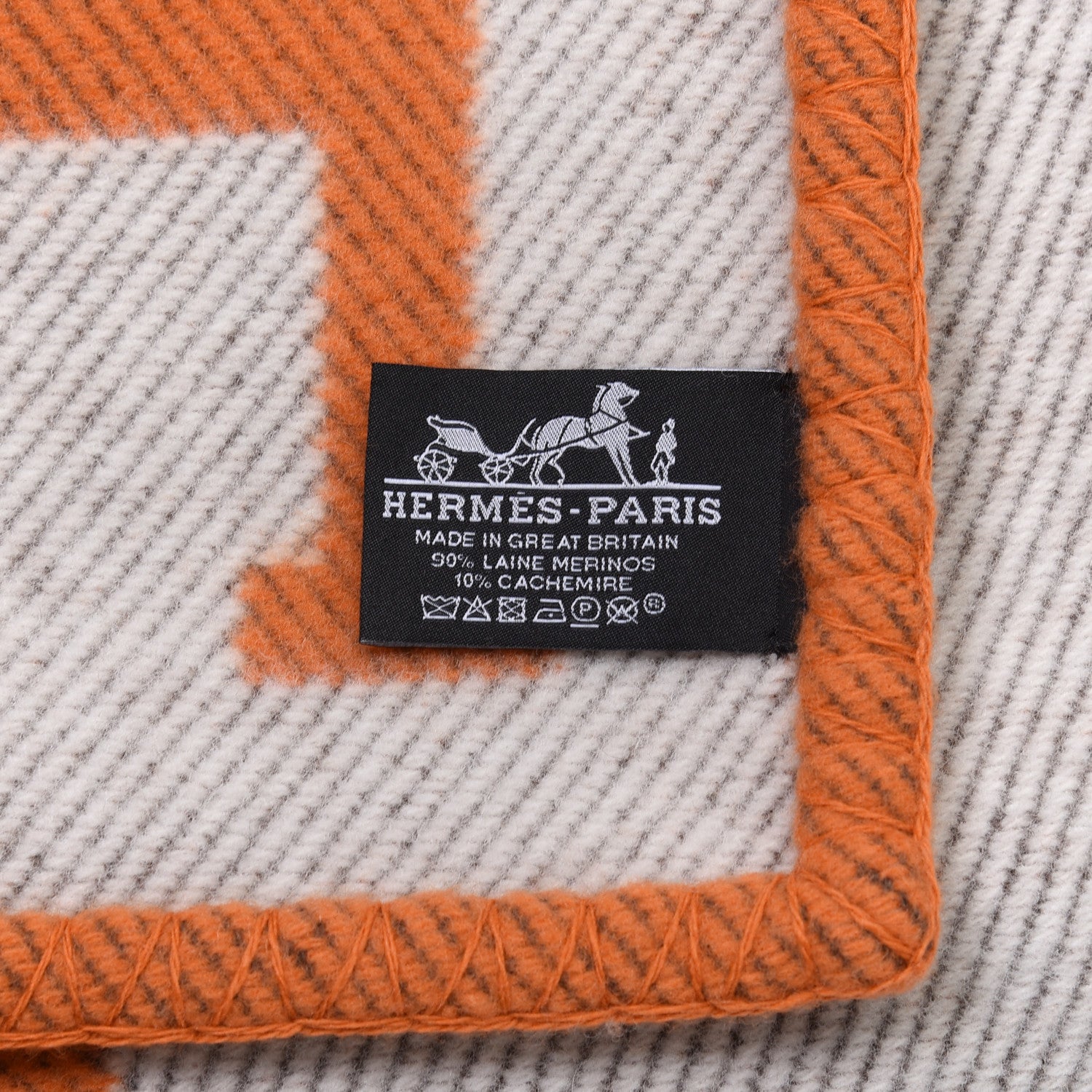 Hermes Wool Cashmere Signature Classic Avalon Blanket Ecru Potiron 3 of 3