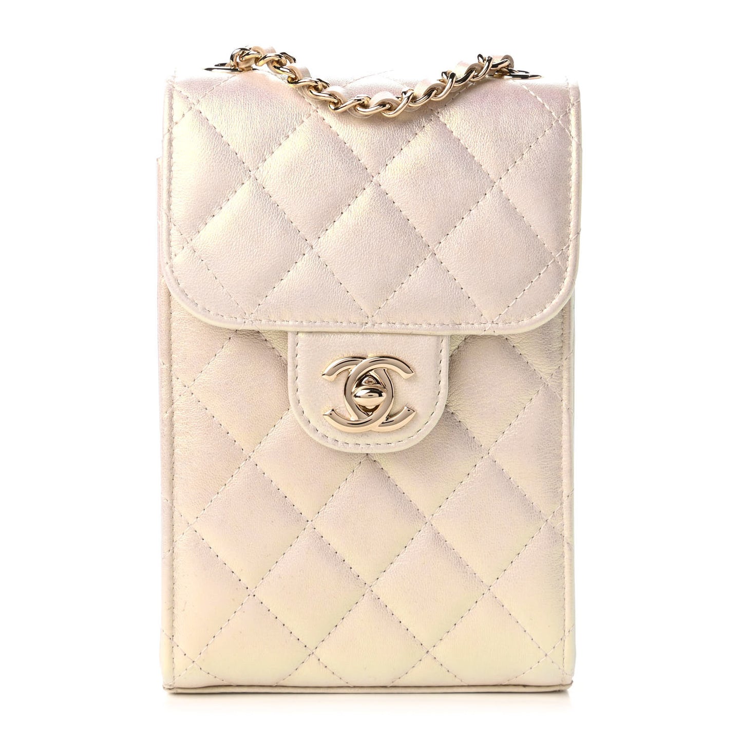 Iridescent Lambskin Quilted CC Phone Holder Ivory