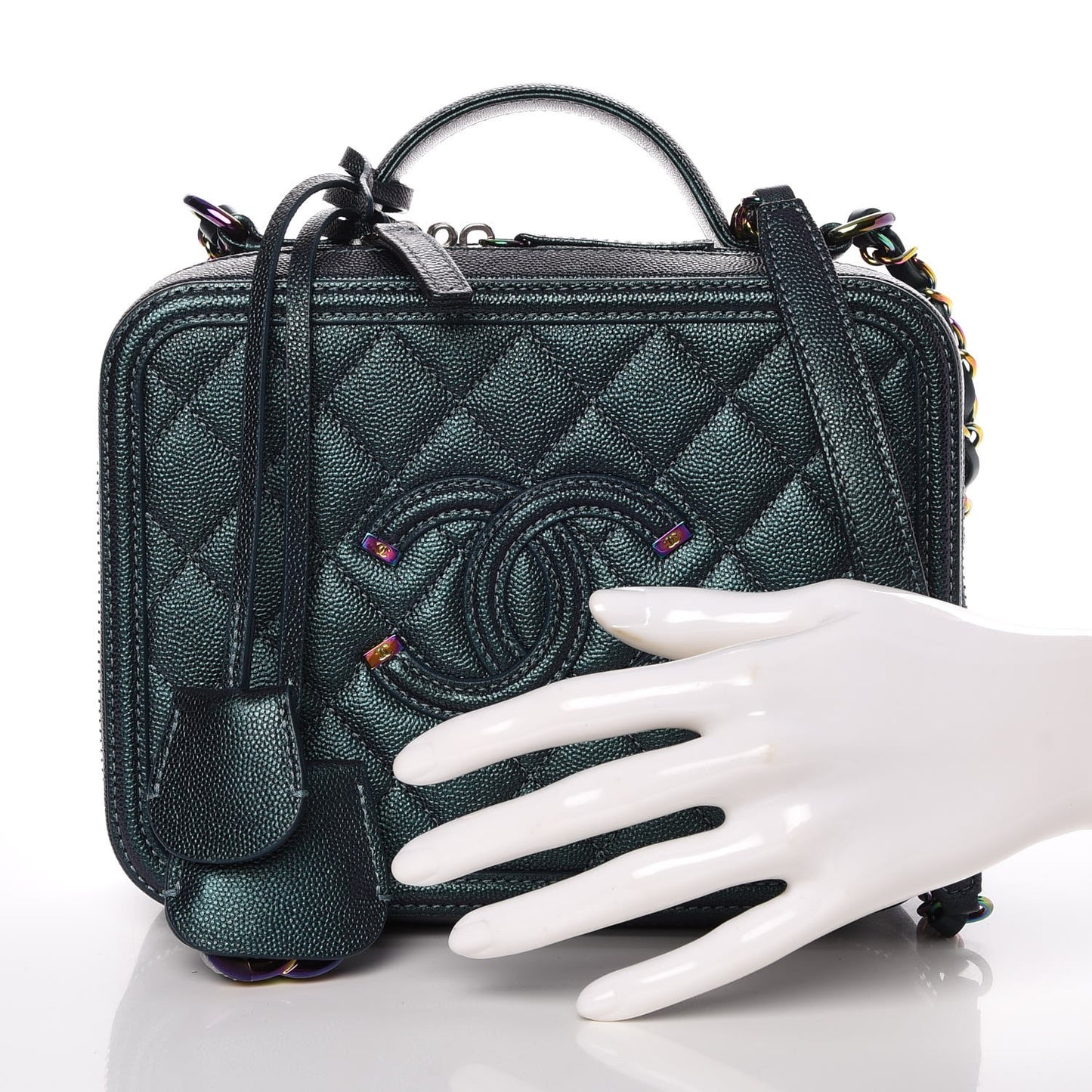 Iridescent Caviar Quilted Medium CC Filigree Vanity Case Dark Turquoise