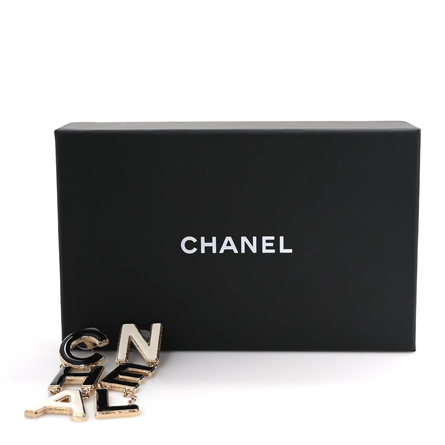 Metal Enamel Cha-Nel Logo Drop Earrings Black White