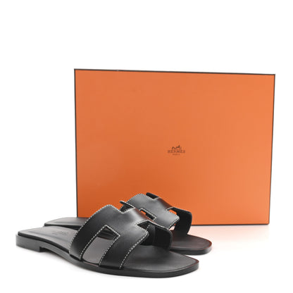 Hermes Box Calfskin Oran Sandals 37.5 Black 10 of 10