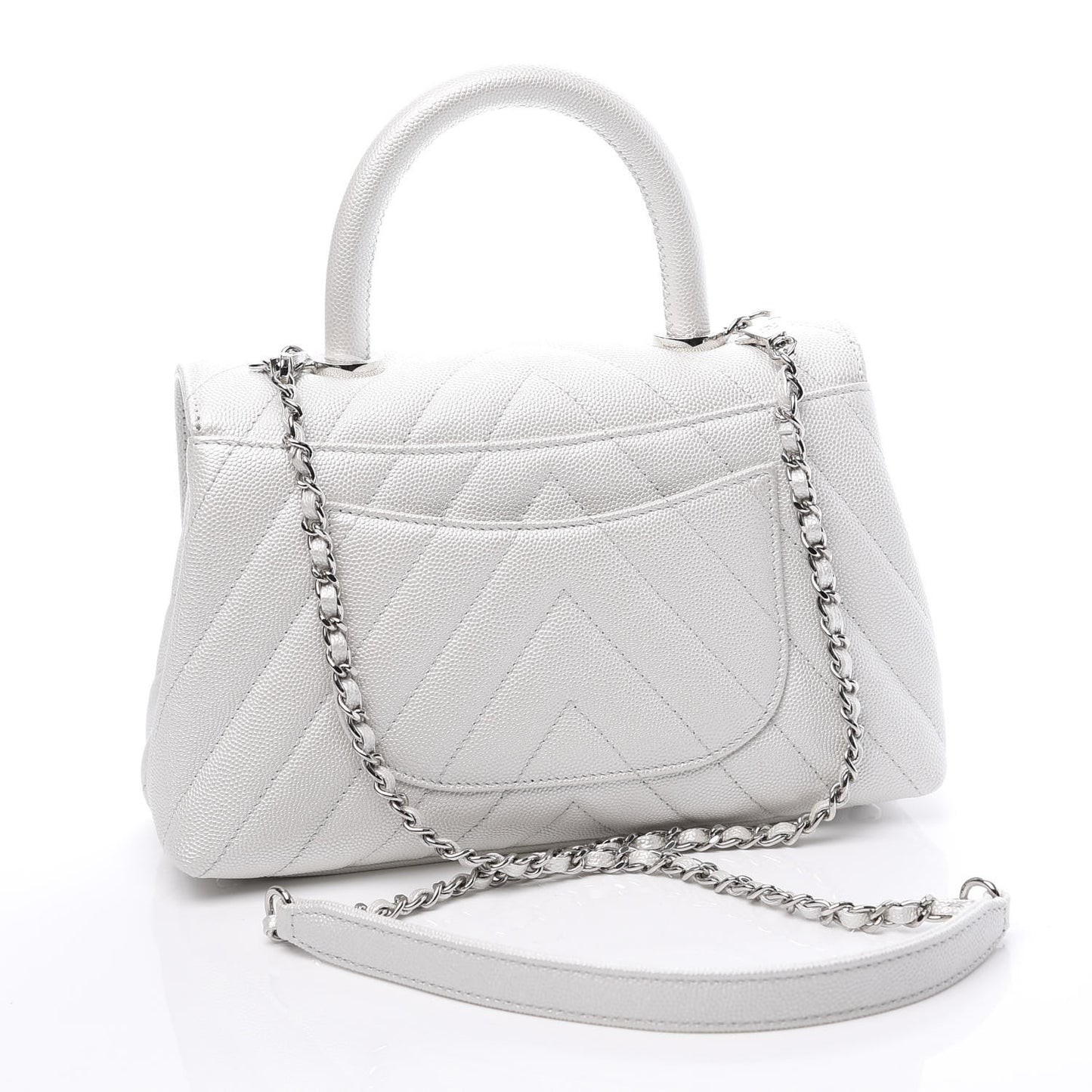Iridescent Caviar Chevron Quilted Mini Coco Handle Flap White
