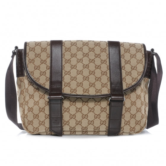Gucci Monogram Medium Double Buckle Flap Messenger Bag Beige Dark Brown 1 of 7
