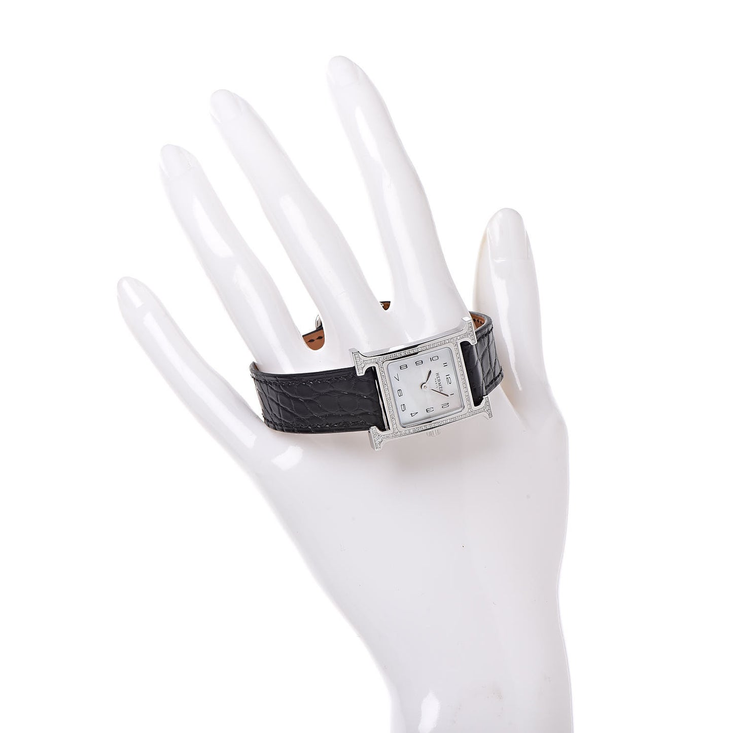 Stainless Steel Alligator Diamond Bezel Mother of Pearl 21mm Heure H Hour Quartz Watch Noir