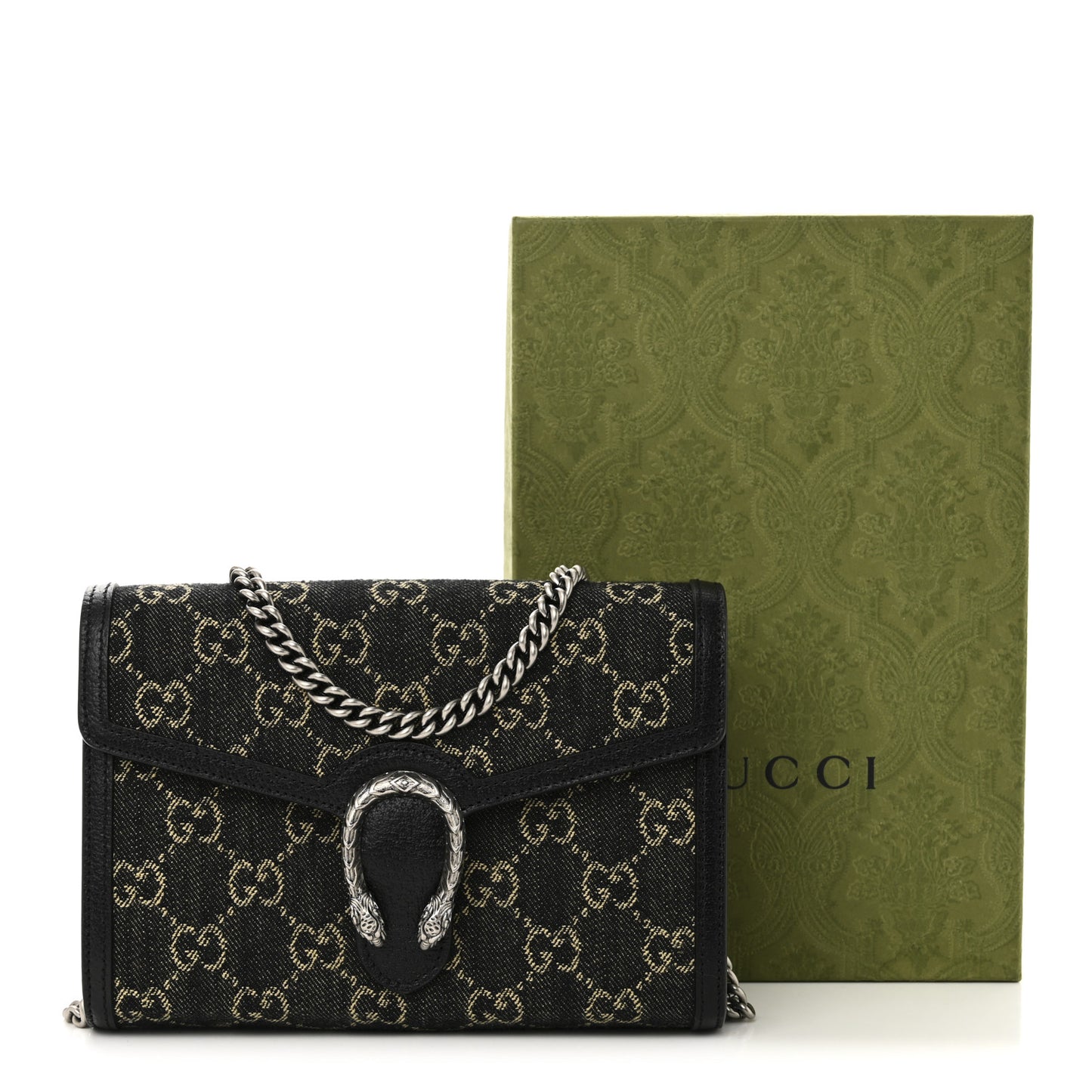 Jacquard Black Denim GG Monogram Mini Dionysus Chain Wallet Black Ivory
