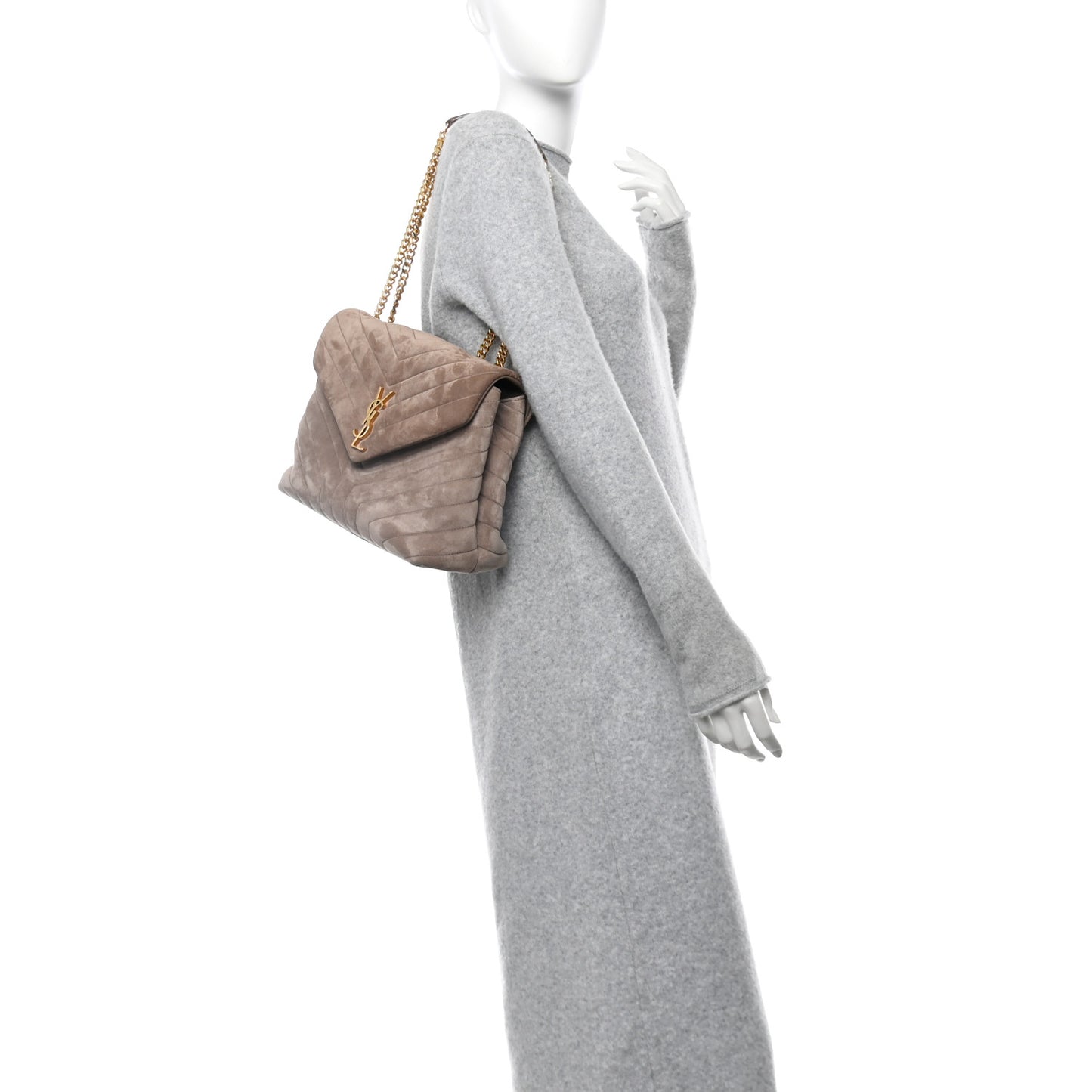 Suede Y Quilted Monogram Medium Loulou Chain Satchel Taupe