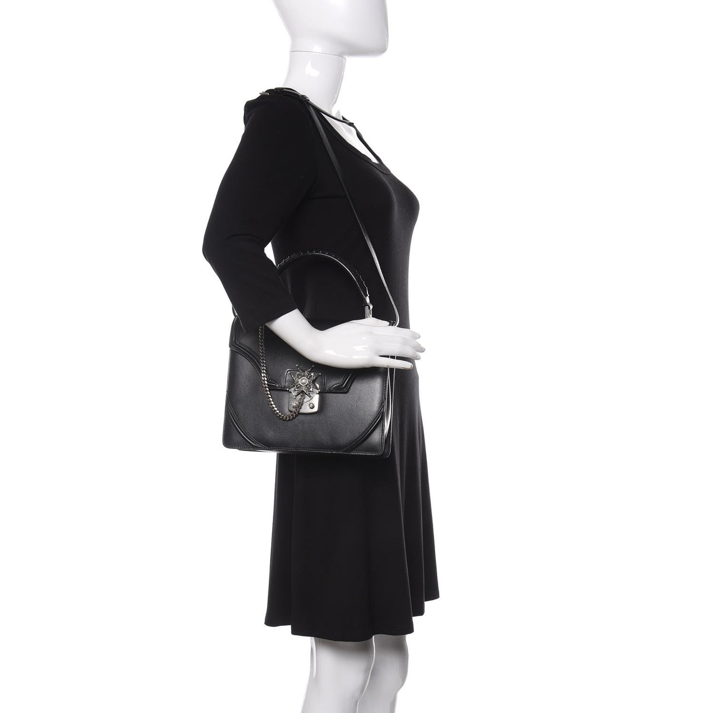 Calfskin Chain Flower Satchel Black
