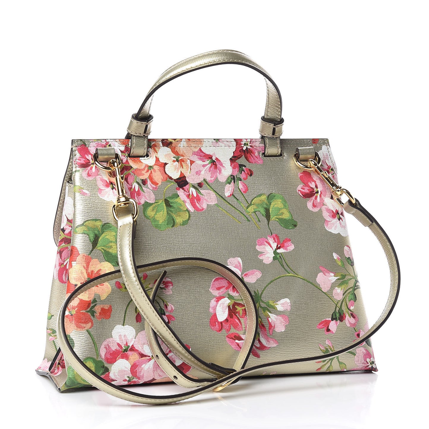Metallic Shangai Calfskin Blooms Print Small Bamboo Daily Top Handle Bag Gold Multicolor