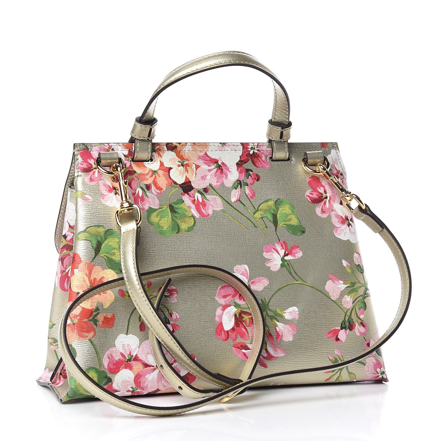Gucci Metallic Shangai Calfskin Blooms Print Small Bamboo Daily Top Handle Bag Gold Multicolor 4 of 9