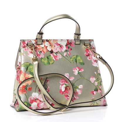 Gucci Metallic Shangai Calfskin Blooms Print Small Bamboo Daily Top Handle Bag Gold Multicolor 4 of 9