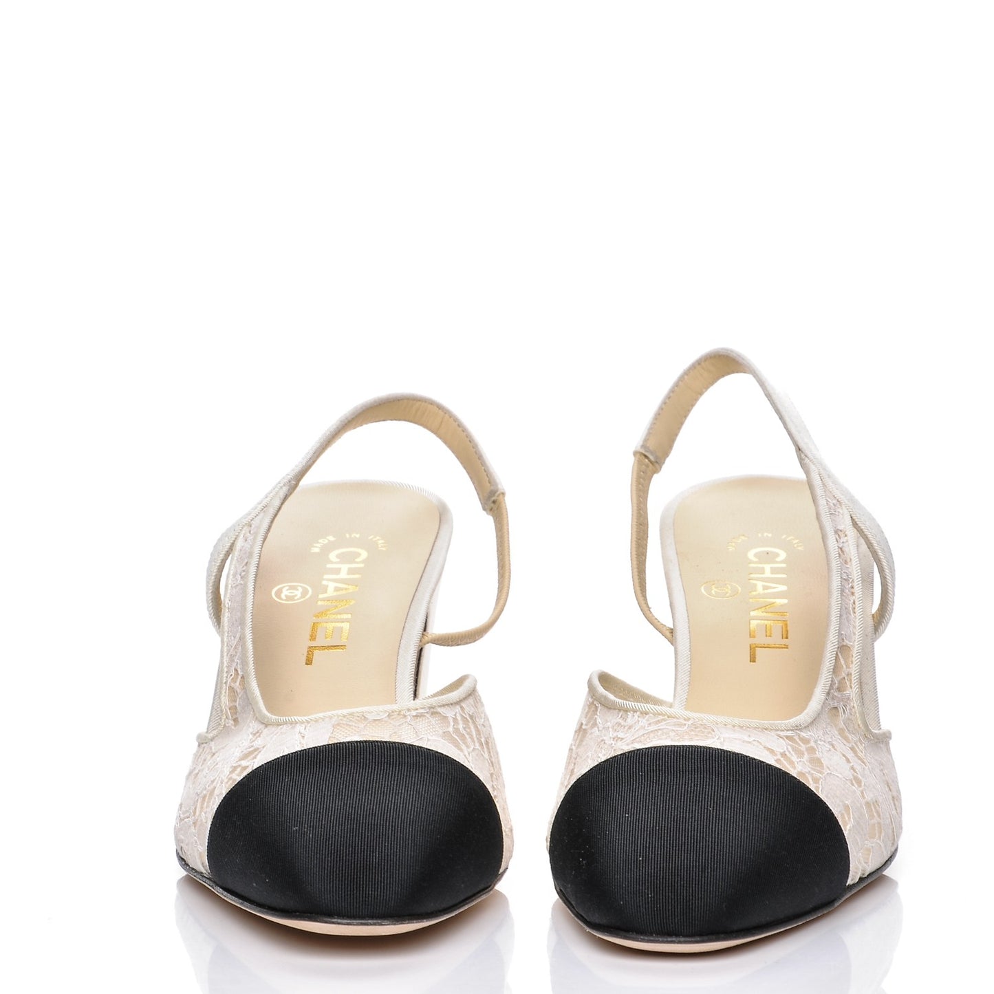 Lace Grosgrain Cap Toe CC Slingback Pumps 38.5 White Black