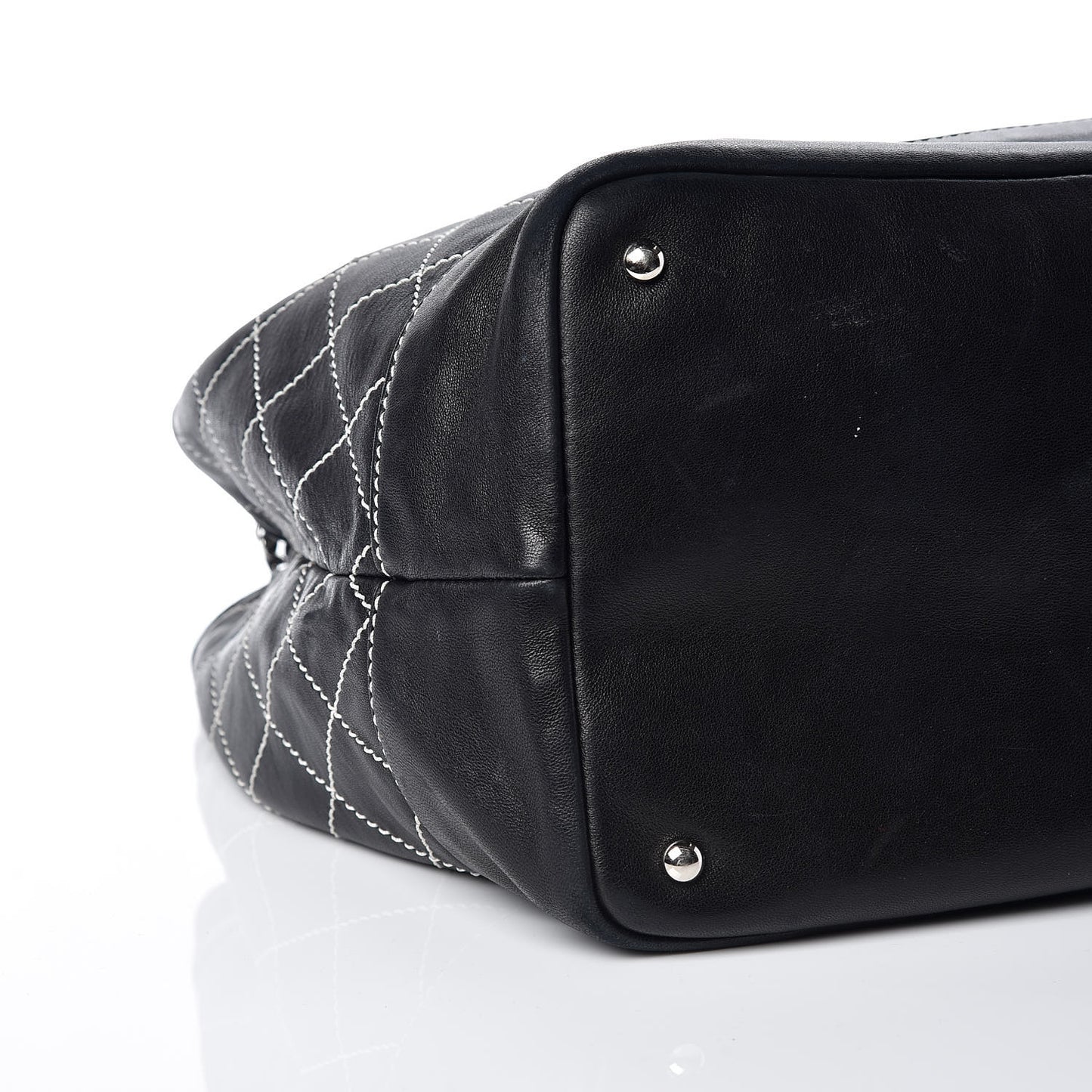 Lambskin Contrast Stitch Large Drawstring Tote Black