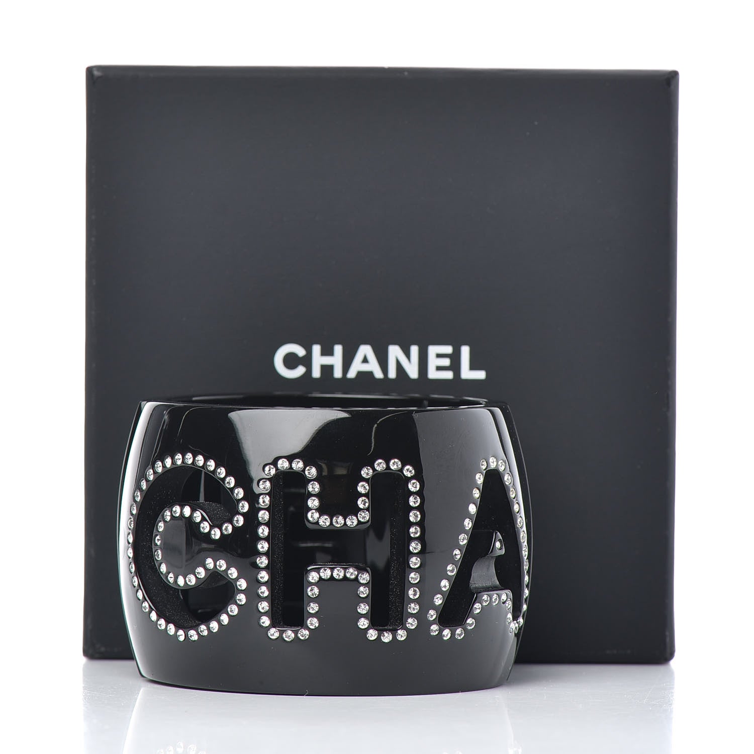 Chanel Resin Crystal Logo Cuff Bangle Bracelet Black 6 of 6