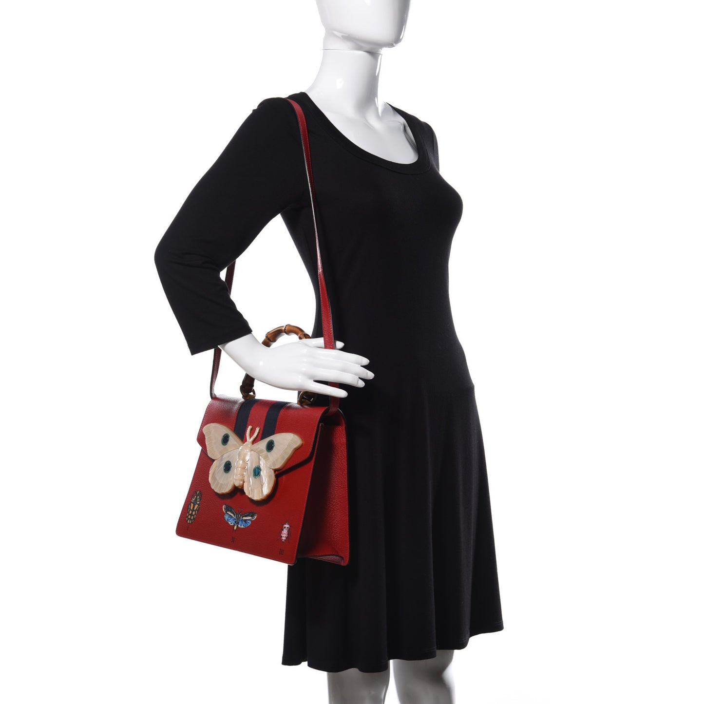 Calfskin Bamboo Web Medium Falena Moth Top Handle Bag Hibiscus Red