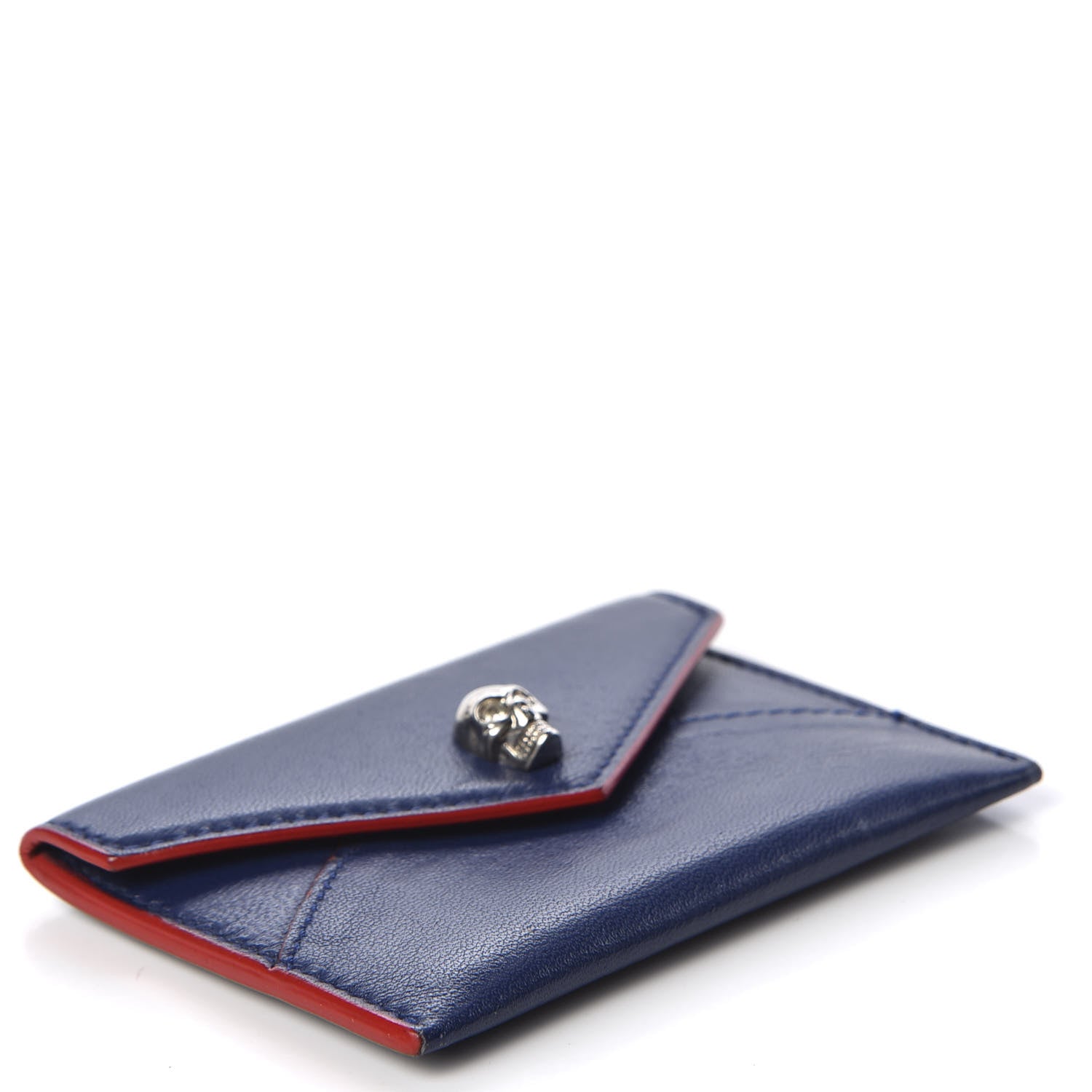 Alexander McQueen Calfskin Skull Envelope Card Holder Blue Red 3 of 7