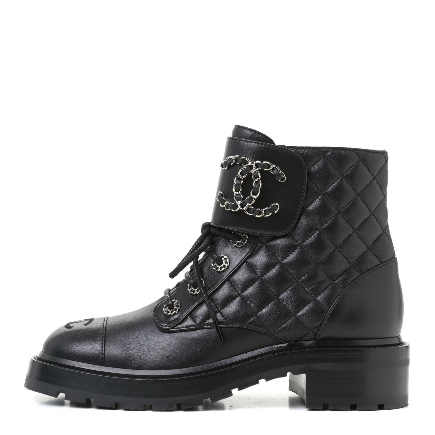 Shiny Lambskin Quilted Lace Up Combat Boots 38 Black
