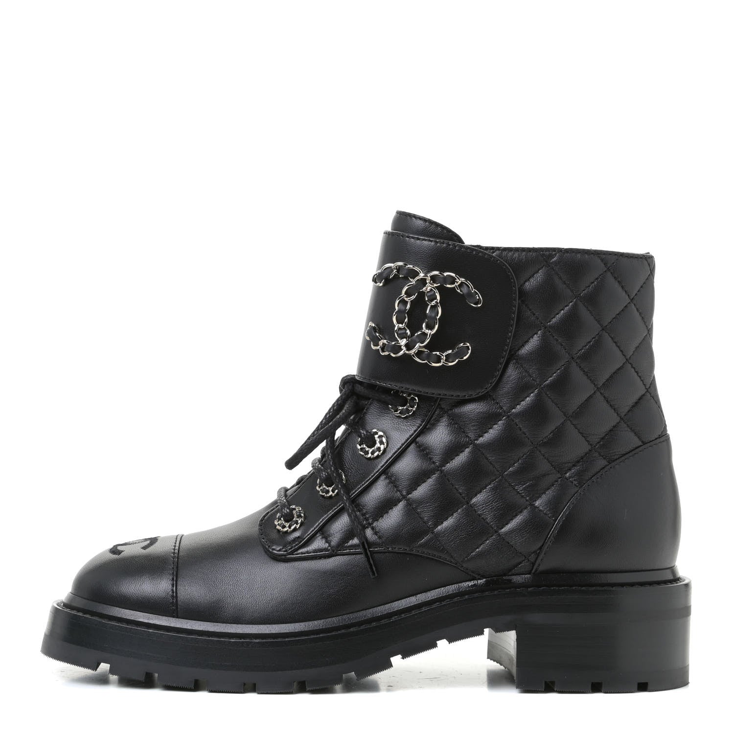 Chanel Shiny Lambskin Quilted Lace Up Combat Boots 38 Black 1 of 10