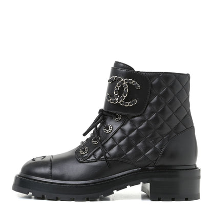 Chanel Shiny Lambskin Quilted Lace Up Combat Boots 38 Black 1 of 10