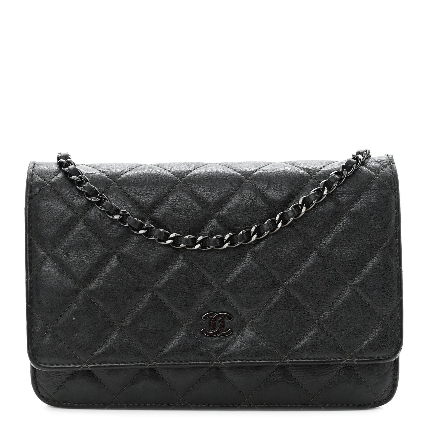 Crumpled Calfskin Quilted Wallet On Chain WOC So Black