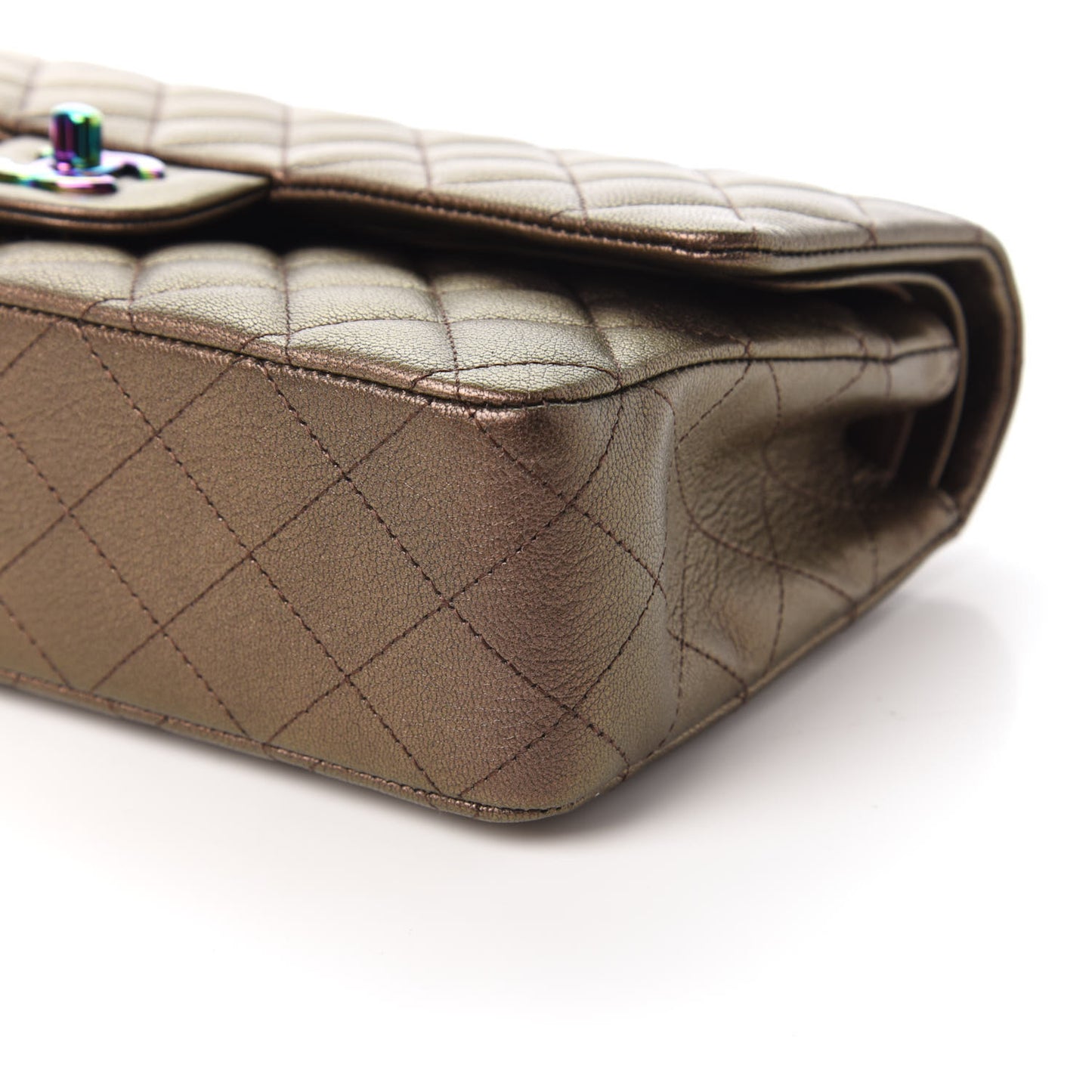 Iridescent Goatskin Quilted Medium Double Flap Bronze