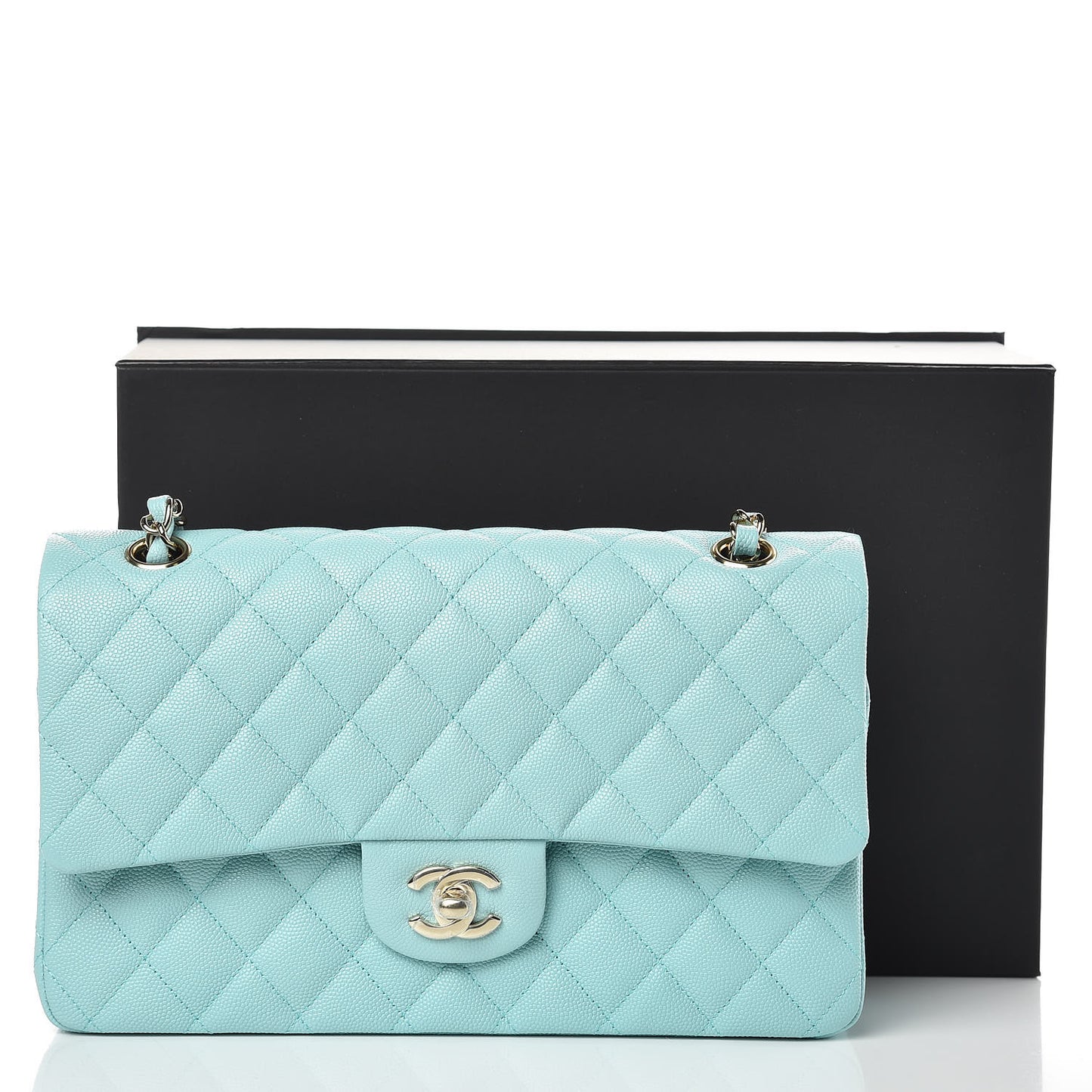 Caviar Quilted Medium Double Flap Light Blue