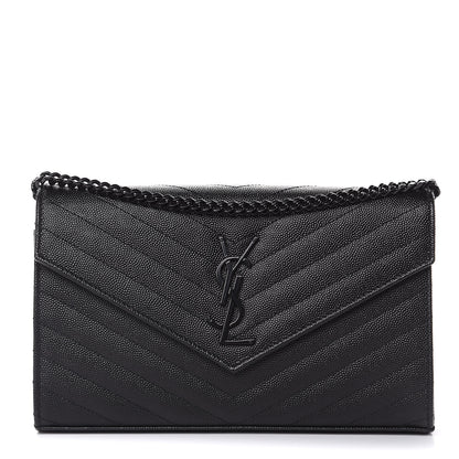 Saint Laurent Grain De Poudre Matelasse Chevron Monogram Chain Wallet Black 1 of 8