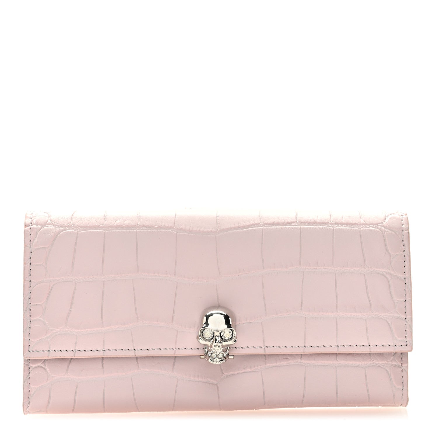 Alexander McQueen Silky Calfskin Crocodile Embossed Skull Continental Wallet Baby Pink 1 of 6