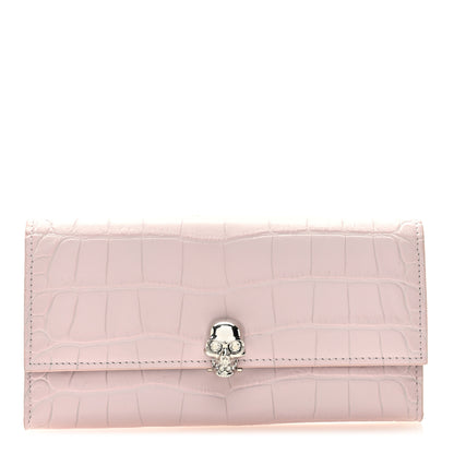 Alexander McQueen Silky Calfskin Crocodile Embossed Skull Continental Wallet Baby Pink 1 of 6