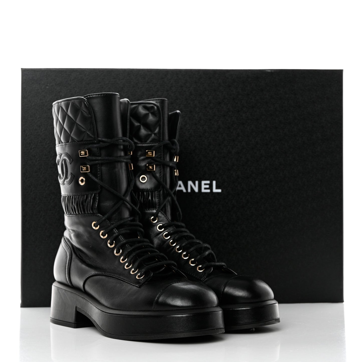 Lambskin Quilted Lace Up Combat Boots 36.5 Black