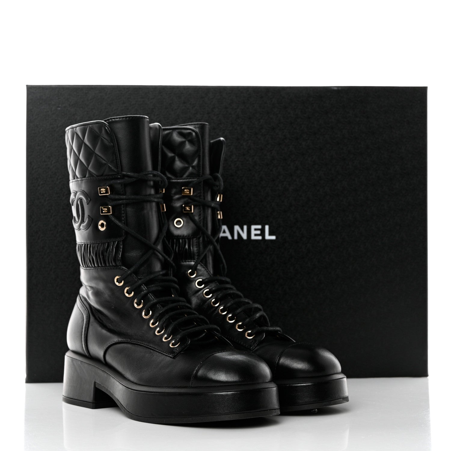 Chanel Lambskin Quilted Lace Up Combat Boots 36.5 Black 10 of 10