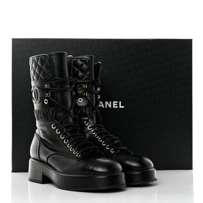 Chanel Lambskin Quilted Lace Up Combat Boots 36.5 Black 10 of 10